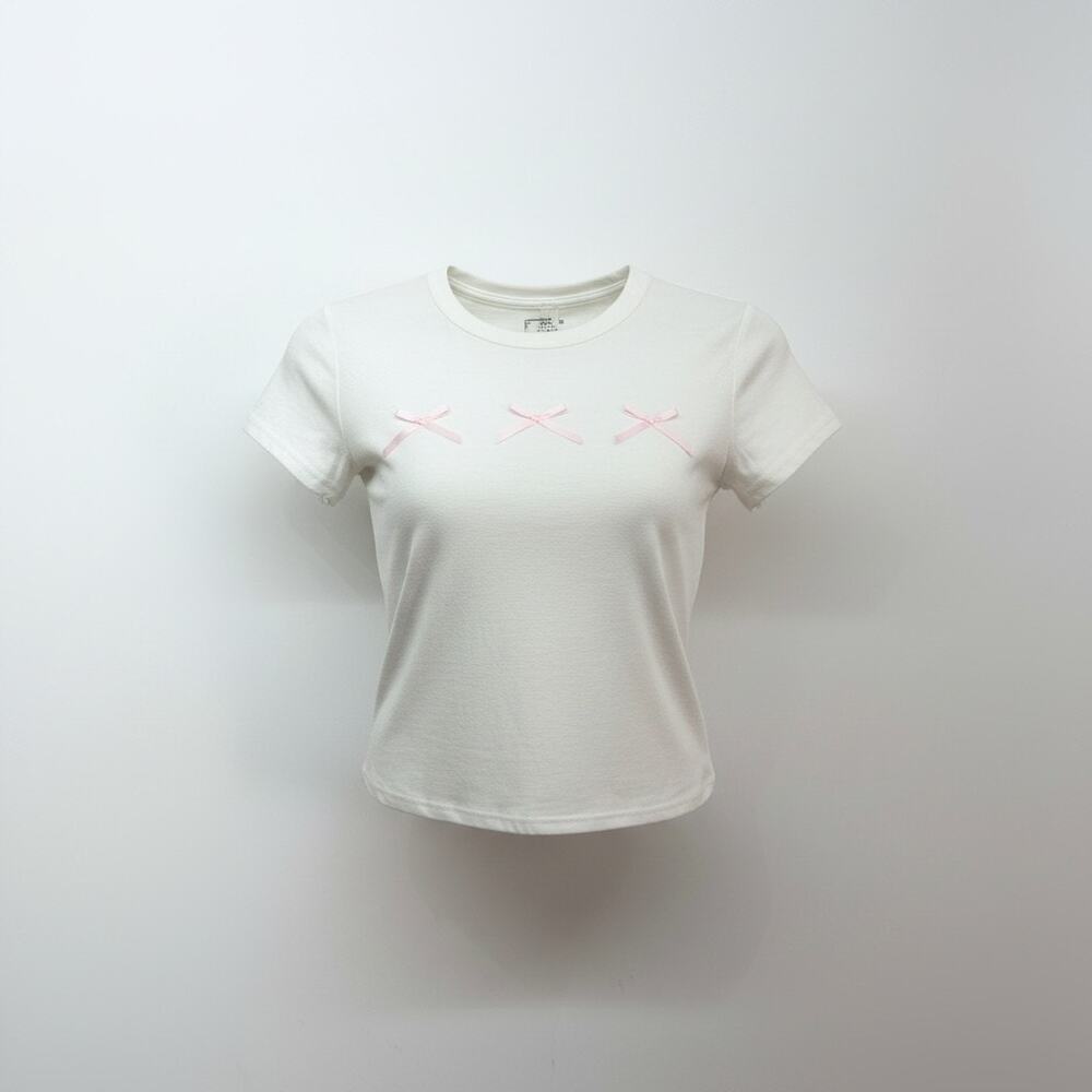 NEW Tilly's RSQ White Crop Tee T-Shirt Small Cropped Pink Bows Feminine Girly